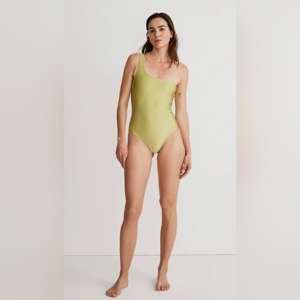 Madewell Jade Swim Apex One Shoulder   Swimsuit S Lime NWT High Leg Slimming